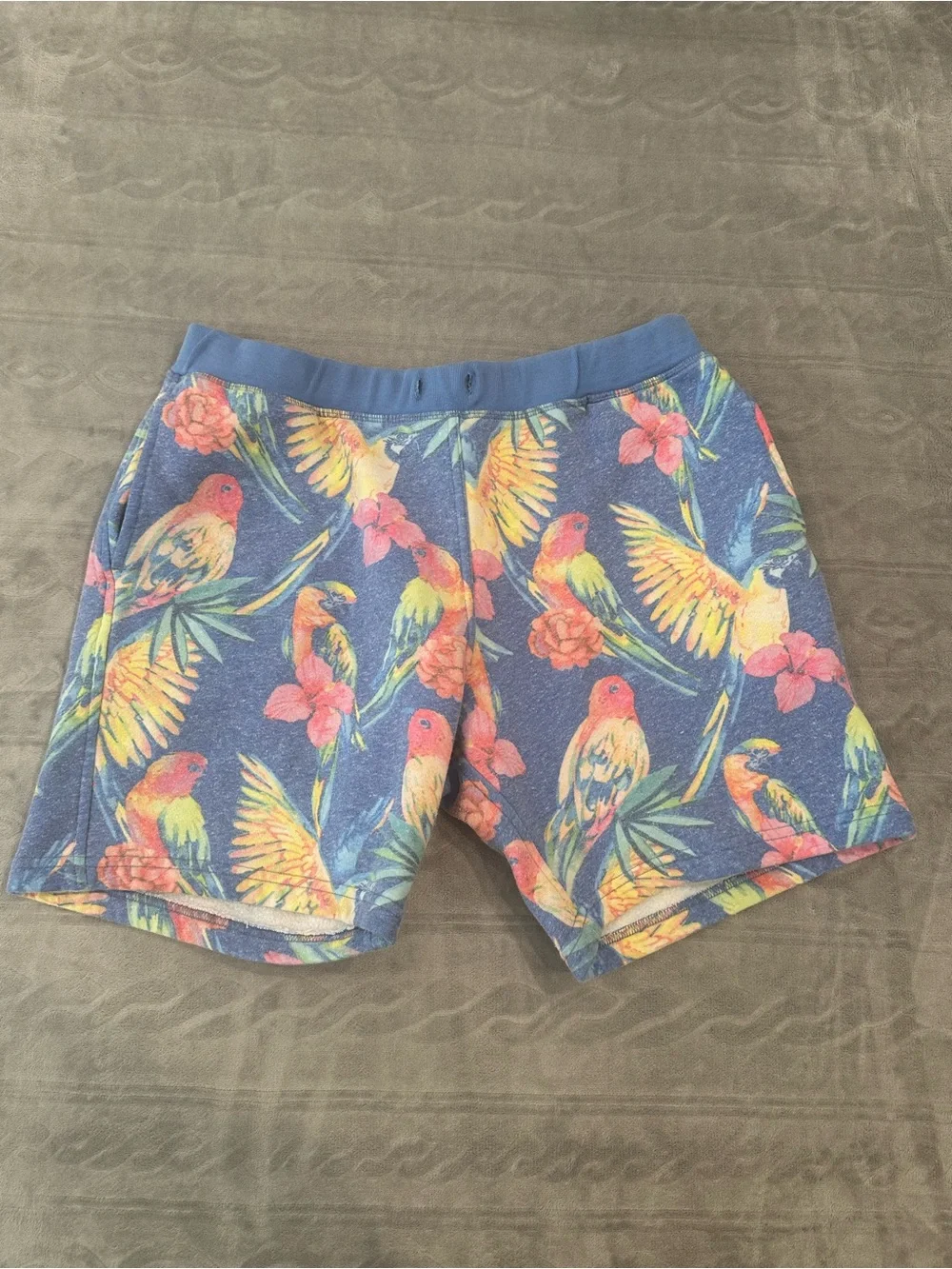 Chubbies Mens Sweat Shorts XL Blue Tropical Bird Floral Missing Drawstring